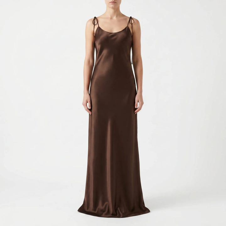 Minimalist floor-length backless slip dress for women, ideal as a sophisticated evening gown or formal attire.