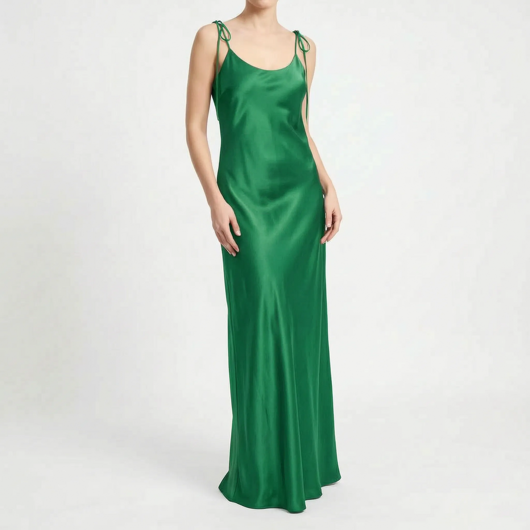 Sophisticated women's backless floor-length slip dress, perfect for an elegant formal or cocktail event.
