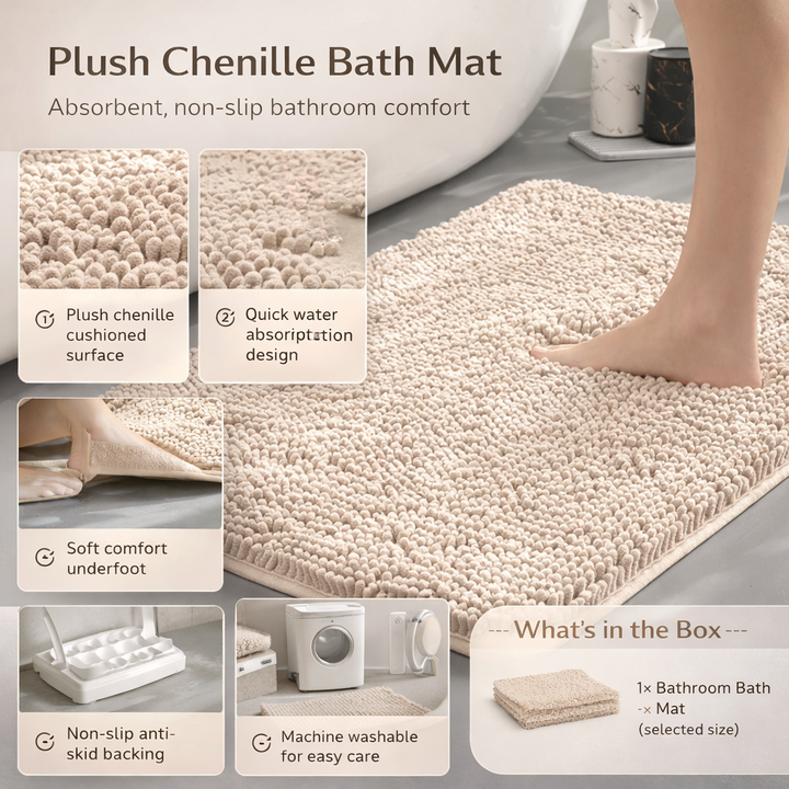 Soft chenille bath mat, highly absorbent and machine washable, ideal as a durable bathroom rug.