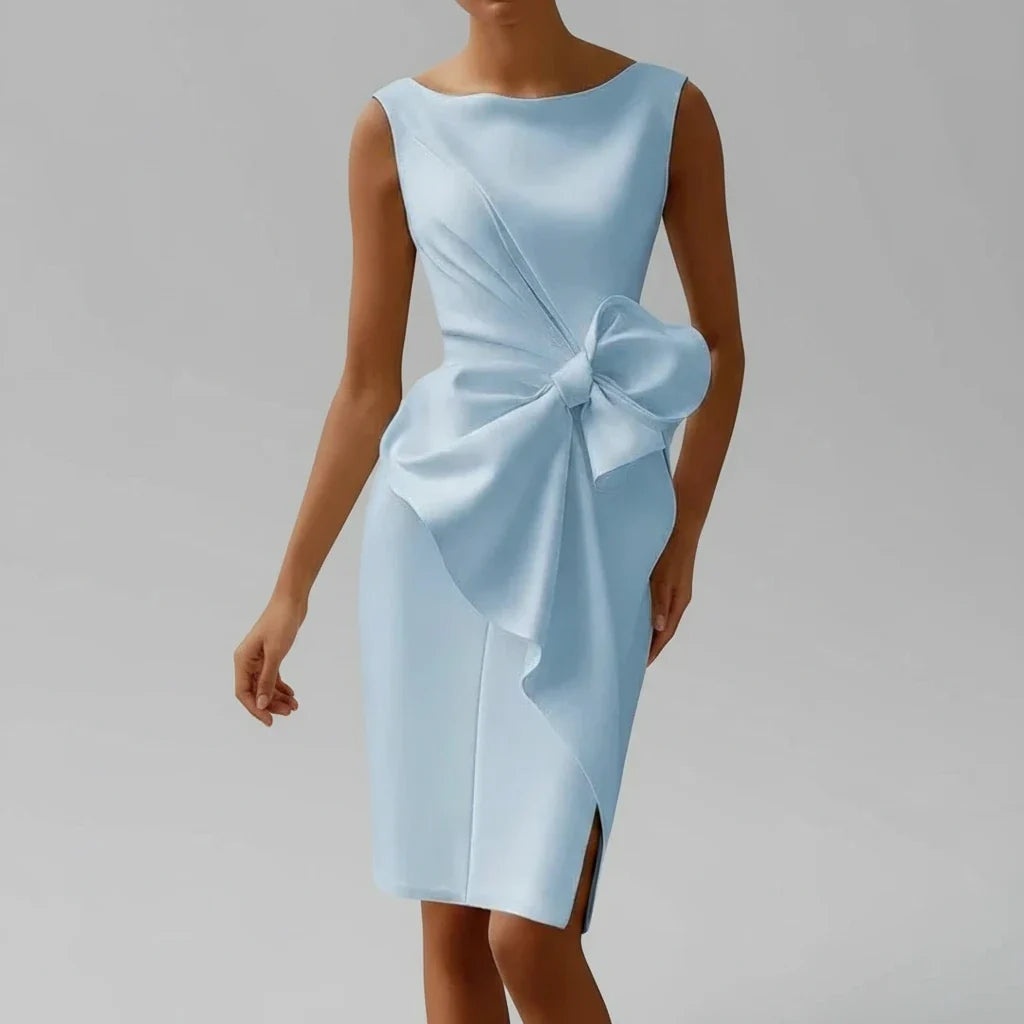Chic women's fashion sleeveless party midi dress featuring an elegant bow, perfect for cocktails.