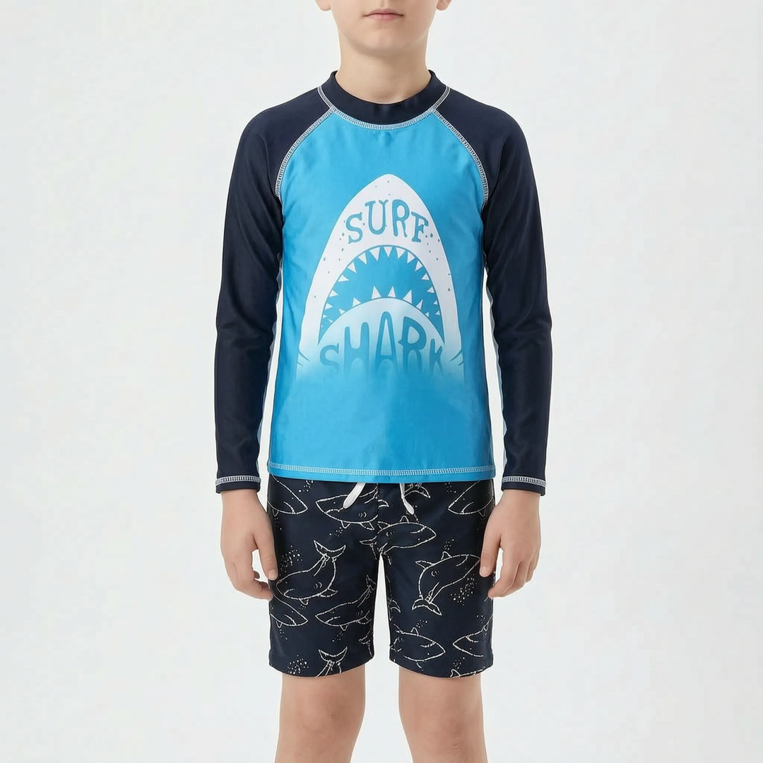 Kids' two-piece swimwear for boys. Stylish swim shorts and top, perfect for active pool days & ocean adventures.