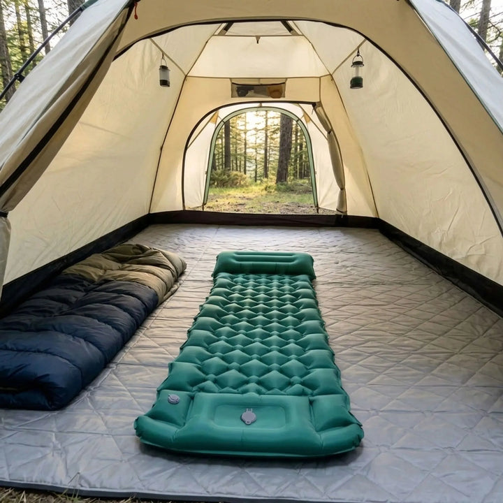 Lightweight inflatable camping sleeping mat with integrated pillow, perfect for backpacking & outdoor adventures.