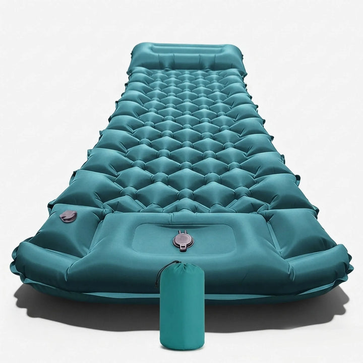 Close-up of the inflation valve on a lightweight camping sleeping pad, easy to set up for outdoor use.