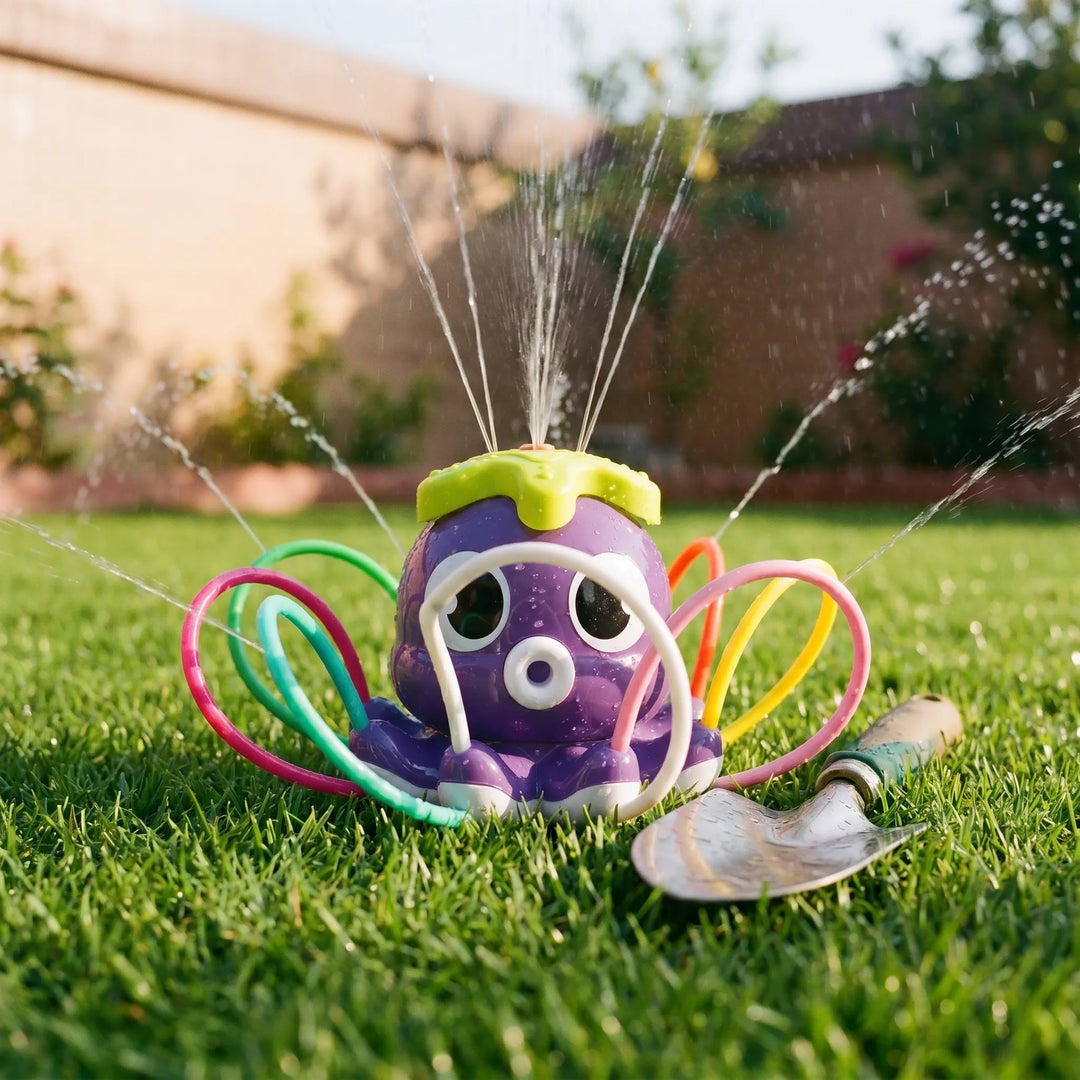 Kids' octopus sprinkler: a vibrant outdoor water game, perfect for backyard summer fun & children's lawn watering activities.