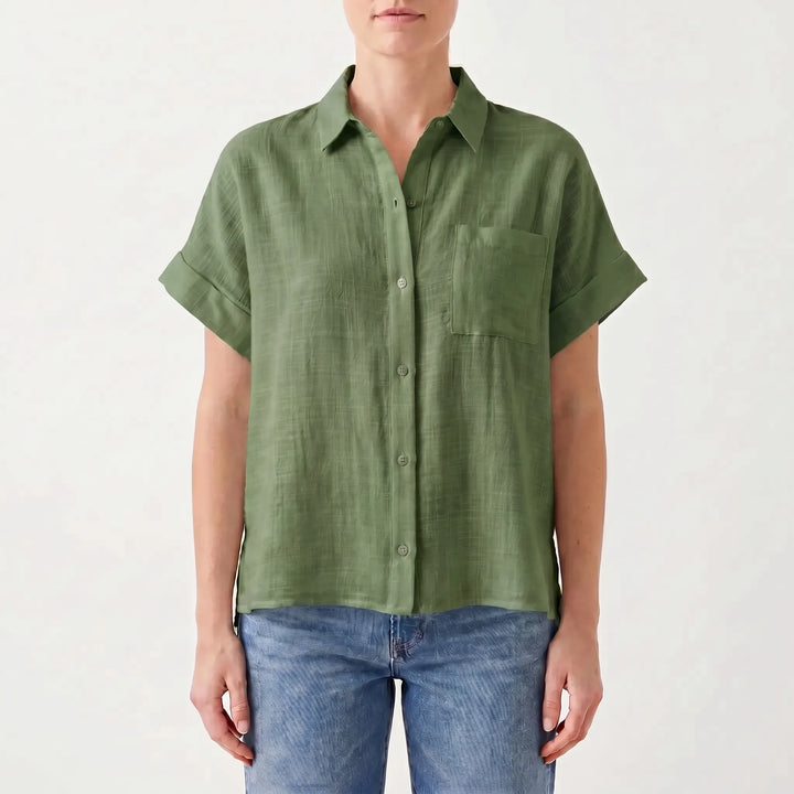 Women's short sleeve button-down shirt, a perfect relaxed fit top for everyday summer fashion & casual comfort.
