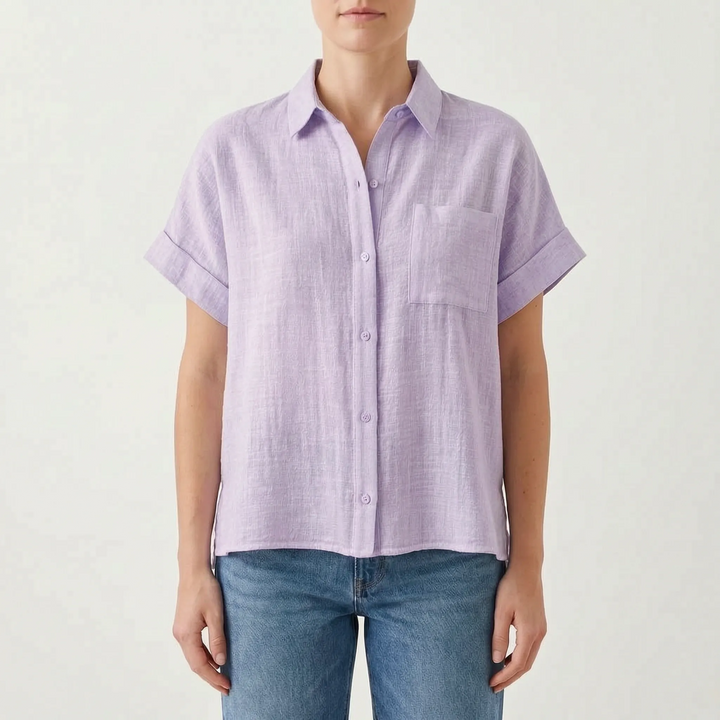 Versatile women's short sleeve button-down shirt, a light layer and comfortable casual top for everyday style.