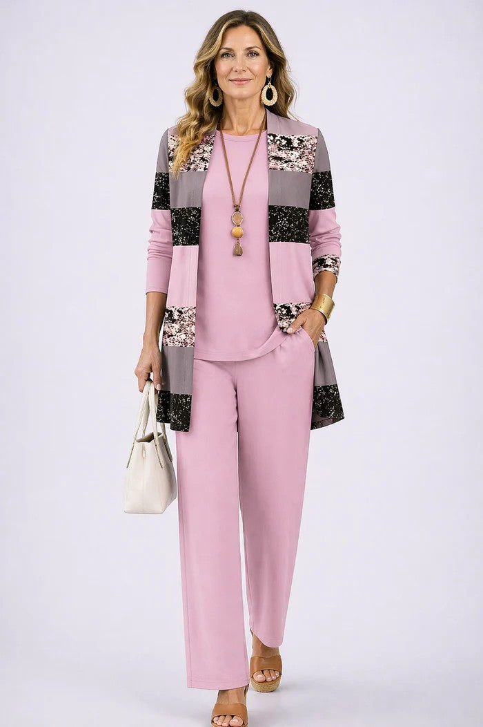 Sophisticated women's 3-piece matching set with a long blazer, a sleeveless top, and relaxed trousers.