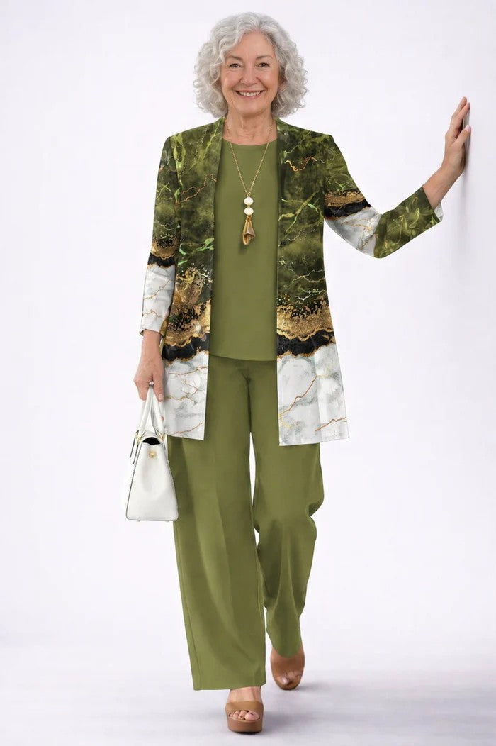 Stylish women's coordinated 3-piece ensemble: blazer, basic top & elegant trousers for a chic look.