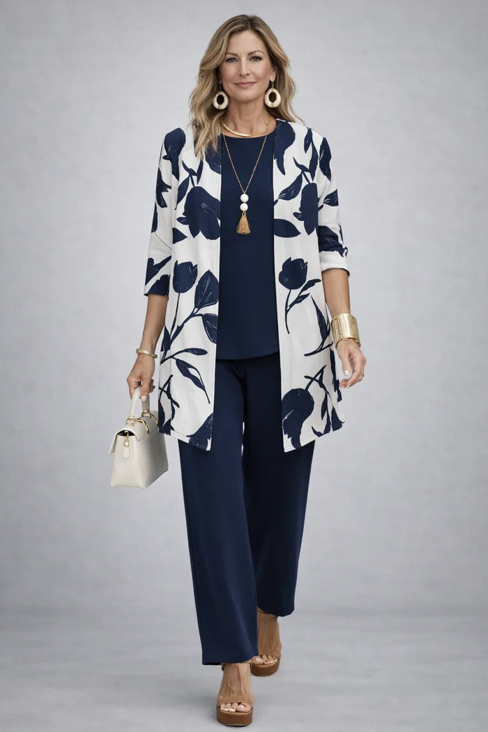 Women's versatile 3-piece set, combining an elegant blazer, a plain top, and comfortable trousers.