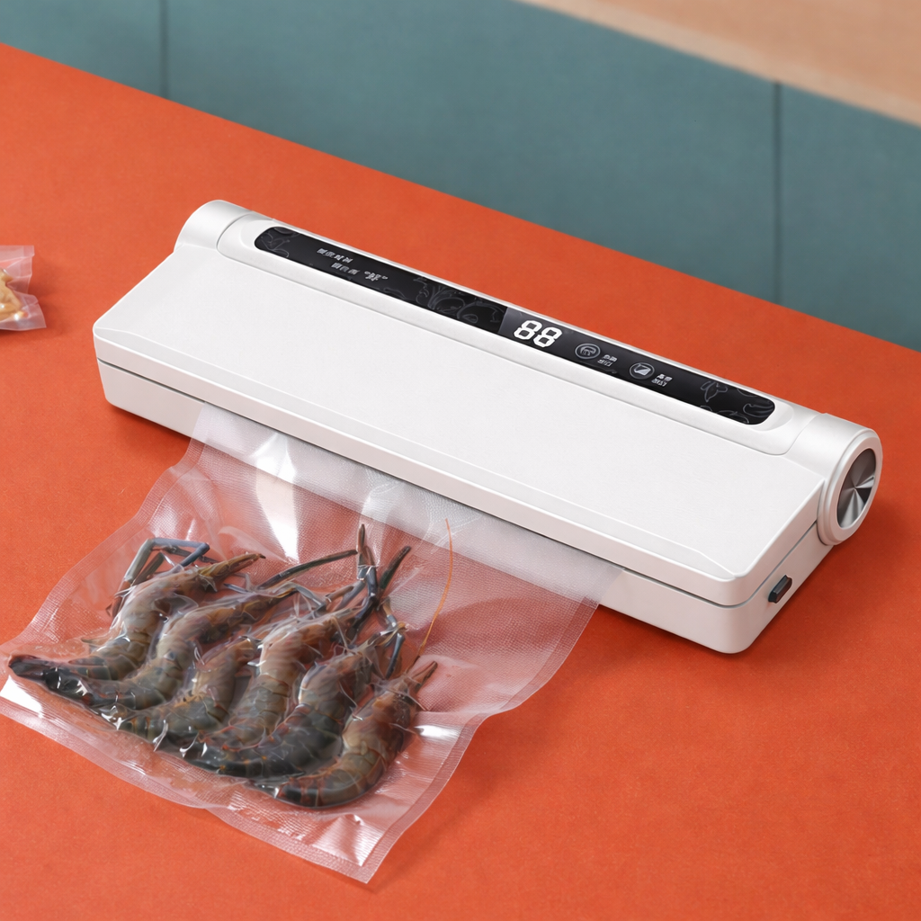 White automatic food vacuum sealer for kitchen food preservation and food storage.