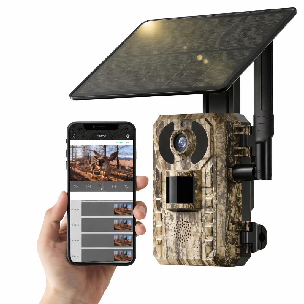 Solar-powered 4K wildlife camera with cellular for instant alerts & outdoor surveillance.