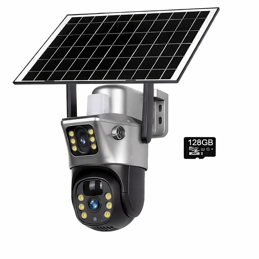 Self-sufficient solar outdoor security camera with dual lens 8MP, 4G, WiFi, motion detection & night vision.