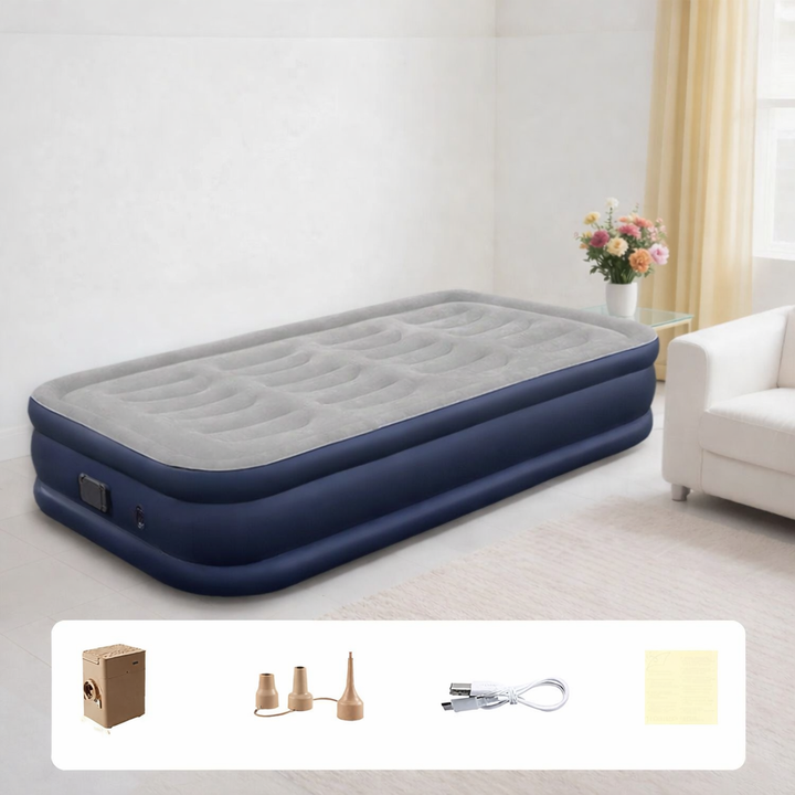 Black inflatable air mattress for camping, featuring an integrated pump for fast setup. Portable travel bed.
