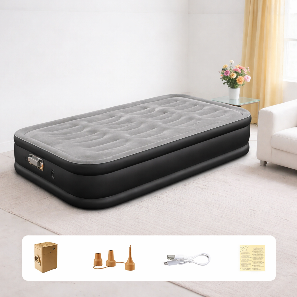 Deluxe portable air mattress: Inflatable sleeping pad with integrated pump. Perfect for camping & guest use.
