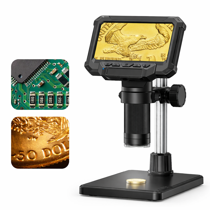 Portable 1600X digital microscope for coin collectors & PCB inspection, with LED lighting.