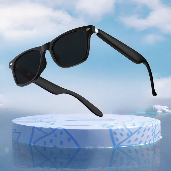 Modern unisex smart sunglasses with AI translation for travel, Bluetooth audio for music, & full UV protection.