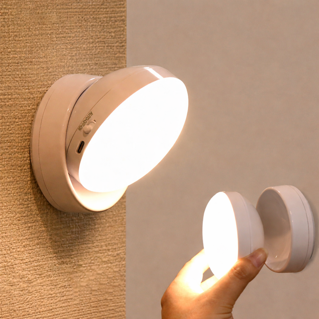 Wireless LED motion sensor light, magnetic attachment for closets & cabinets. USB rechargeable night light.