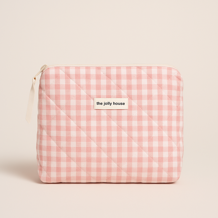 Stylish women's pink plaid quilted makeup organizer bag. Perfect toiletry travel case & beauty storage pouch.
