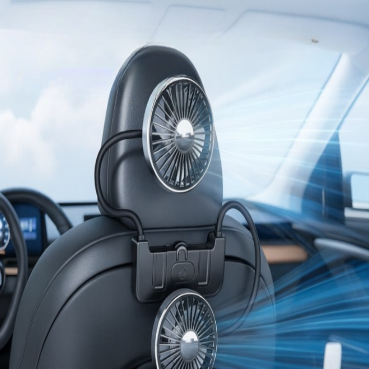 Universal dual-head backseat car fan, USB-C powered for vehicle cooling and enhanced travel comfort.