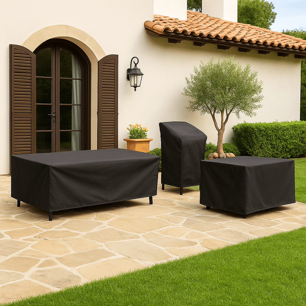 Patio furniture cover, weatherproof and UV-resistant, for year-round outdoor living protection on decks.