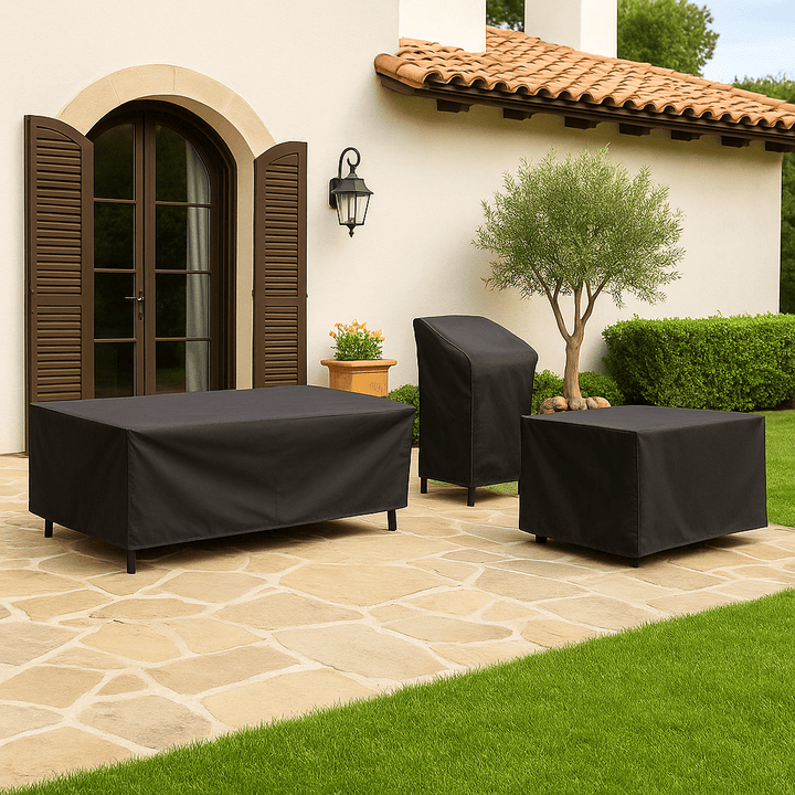 Patio furniture cover, weatherproof and UV-resistant, for year-round outdoor living protection on decks.