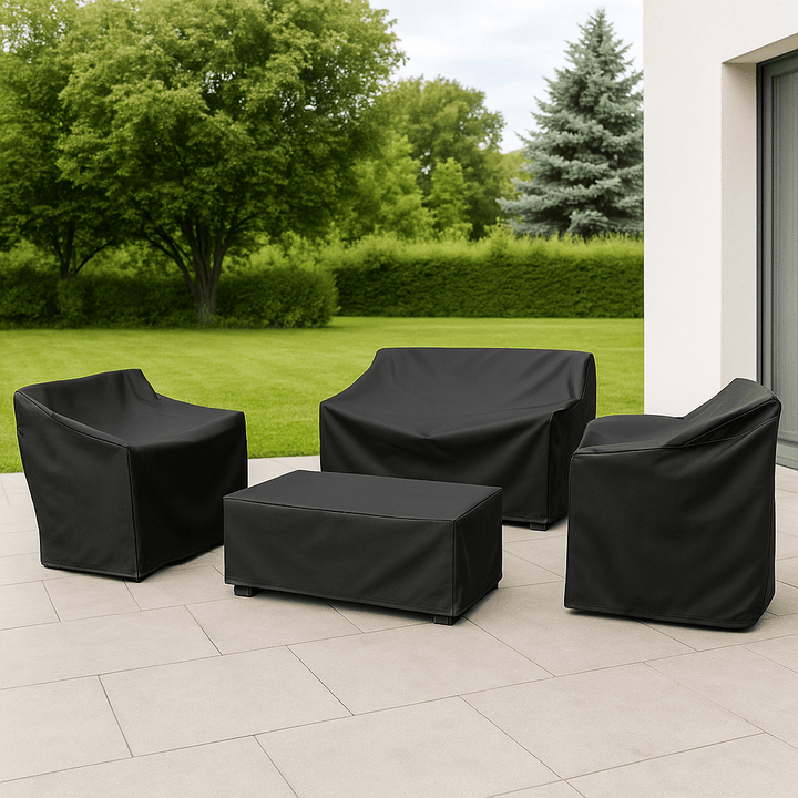 All-weather durable furniture cover protects outdoor patio sets from sun, rain, and snow. UV resistant.