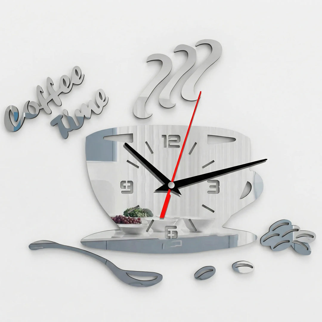 Stylish decorative coffee cup wall clock for kitchen & home decor. A unique mirrored cafe-style timepiece.