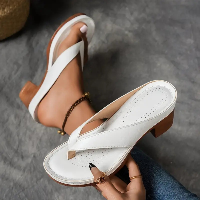 White women's orthopedic heeled sandals, open-toe, providing elegant comfort & support.