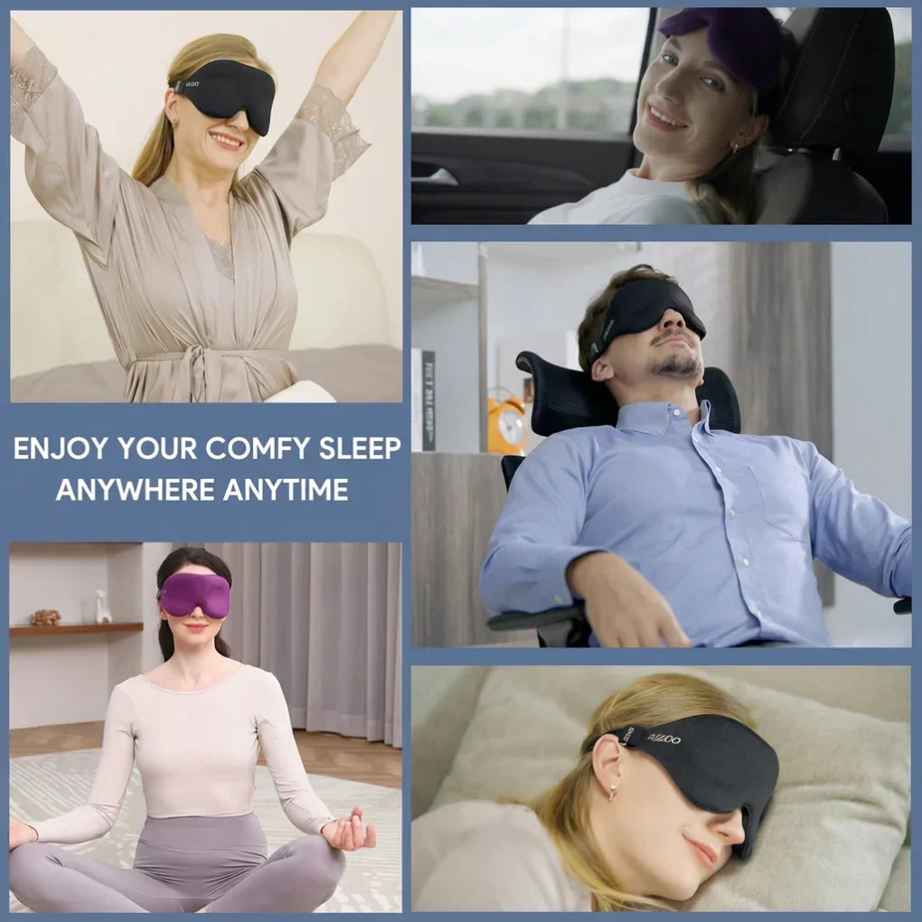 Adjustable unisex travel sleep eye mask with 3D contouring & memory foam for complete light blocking & relaxation.