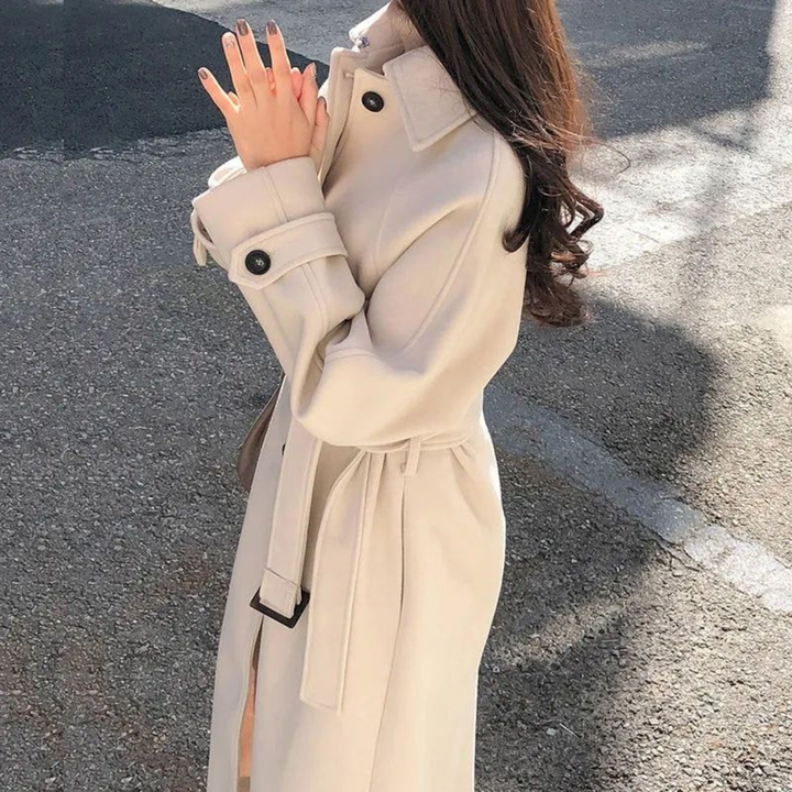 Stylish women's long khaki coat. Elegant winter/fall outerwear, perfect for workwear, formal, and classic looks.