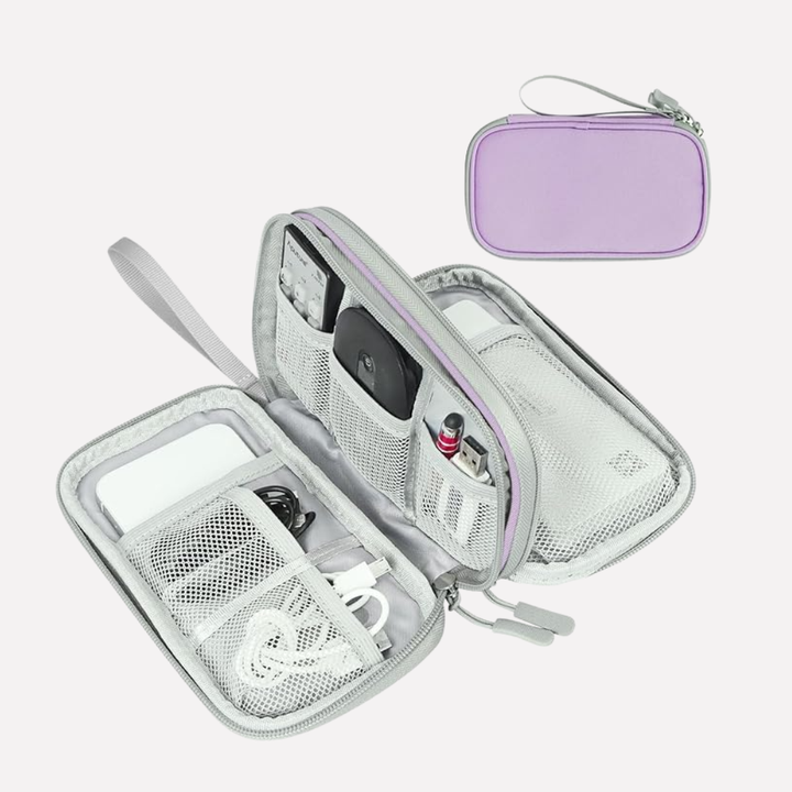 Portable gadget holder for travel, ideal for cables and chargers on the go.