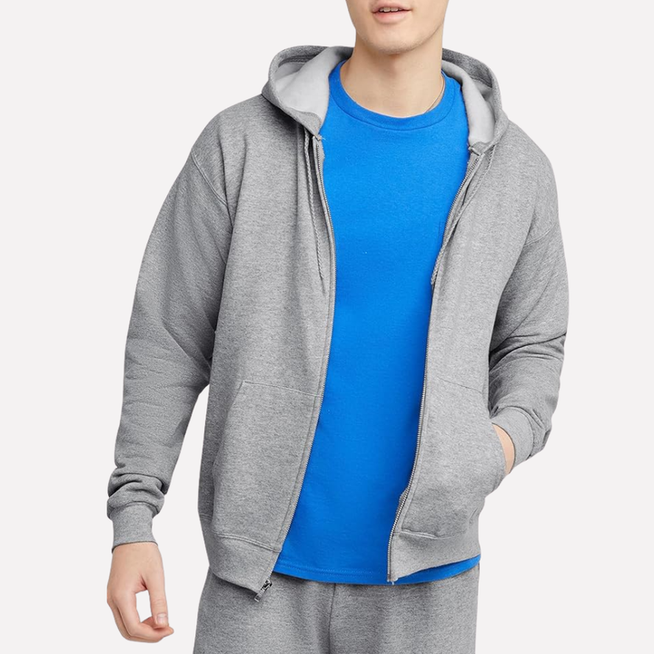 Versatile men's hooded sweatshirt with full zip, ideal for layering & everyday style.