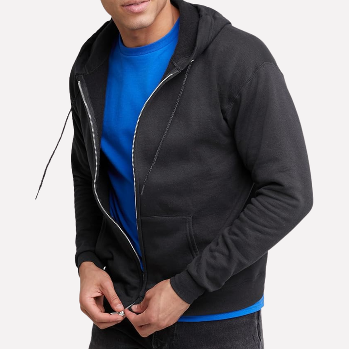 Man wearing a comfortable full-zip hoodie for men, perfect for casual everyday apparel.