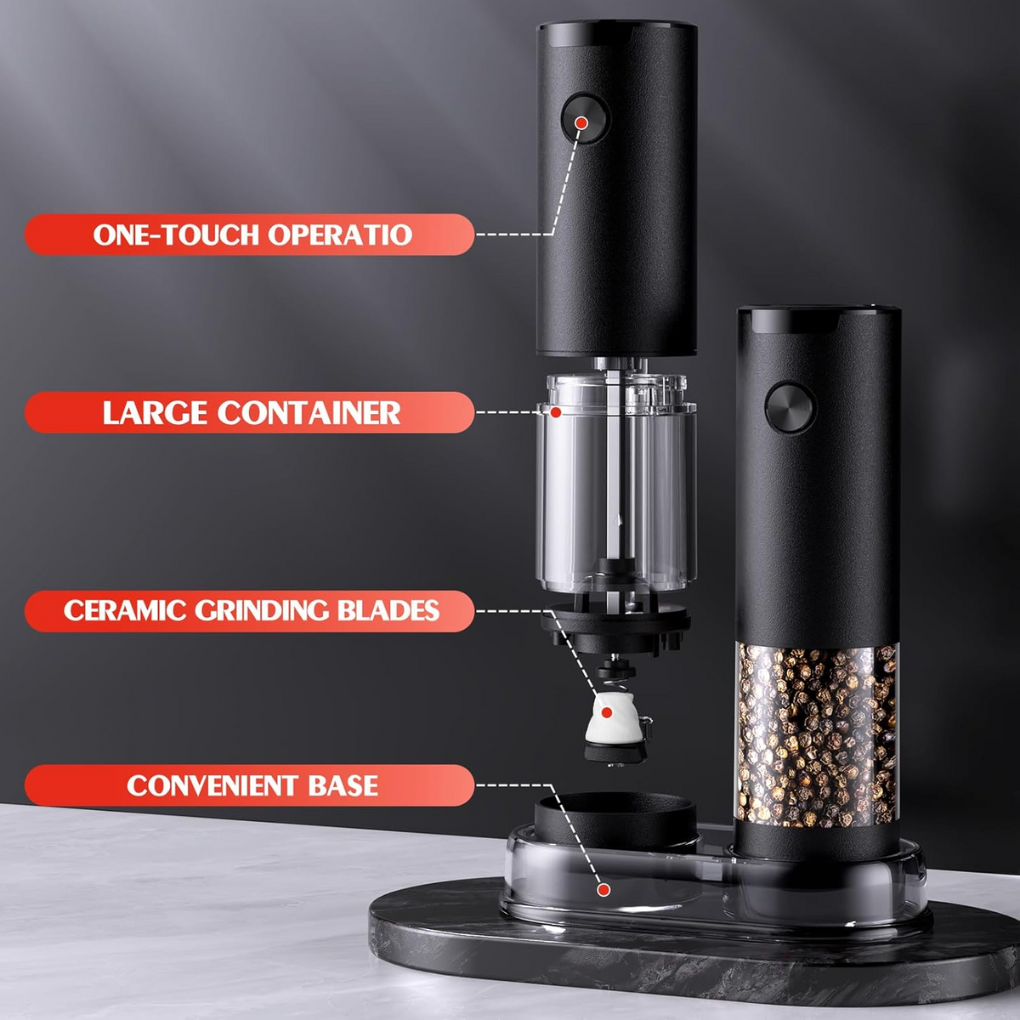 Automatic electric salt and pepper grinder set for easy cooking. Battery-powered mills, essential kitchen seasoning tool.