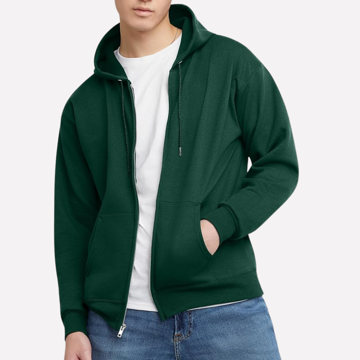 Soft fabric men's long sleeve full-zip hoodie, designed for ultimate everyday comfort & relaxed fit.