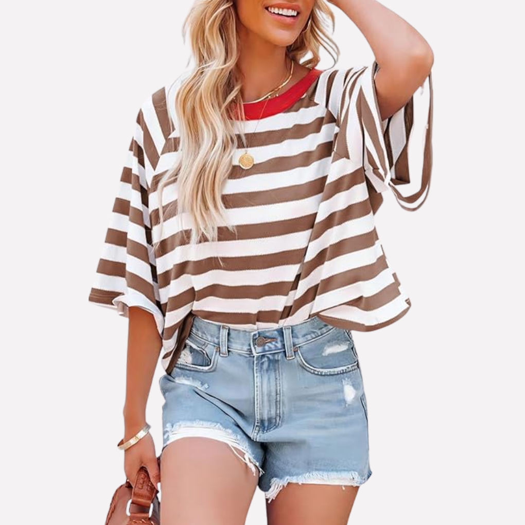 Comfortable women's short sleeve crewneck top with striped color block design for everyday wear.