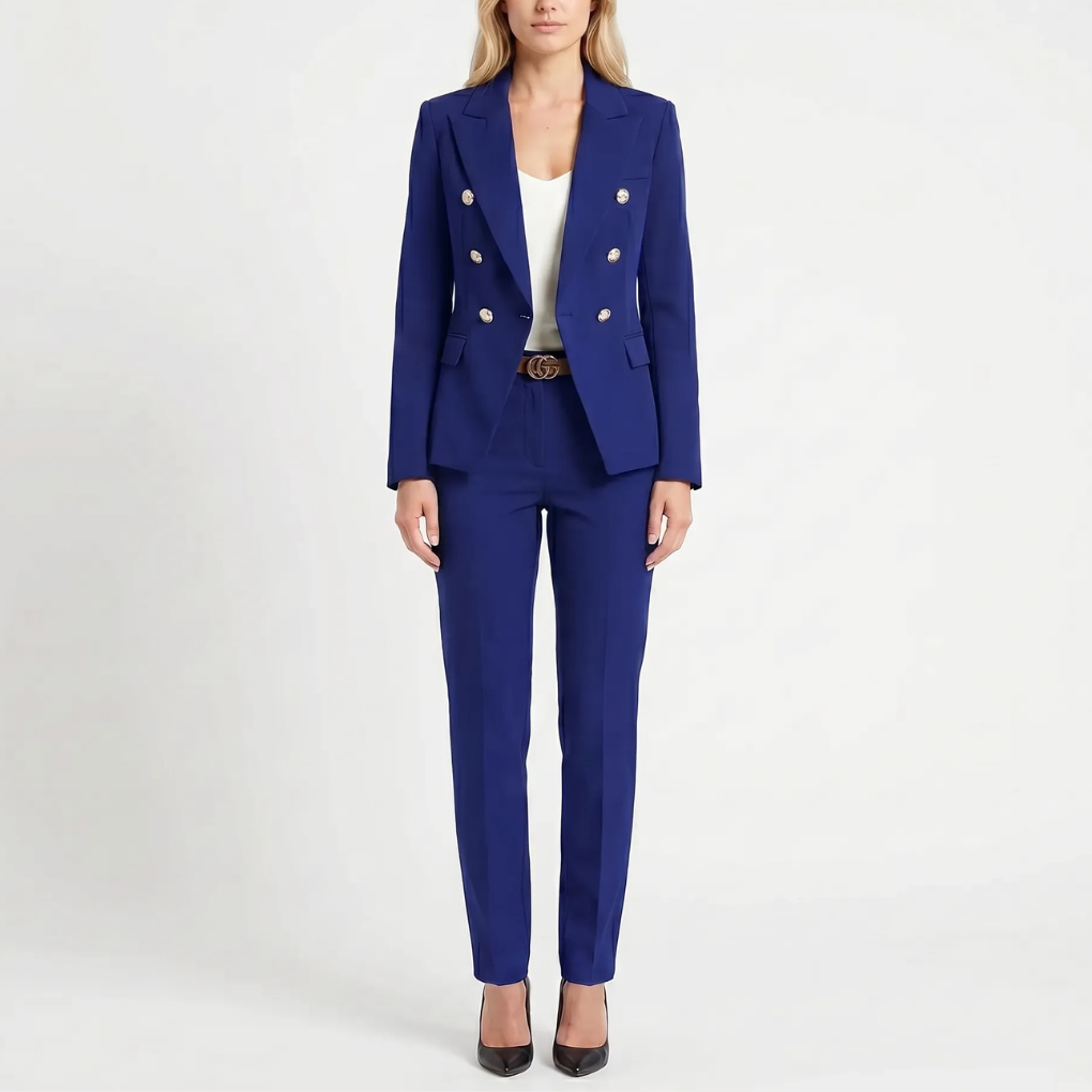 Classic women's double-breasted blazer and slim trouser suit. Professional office & formal wear.