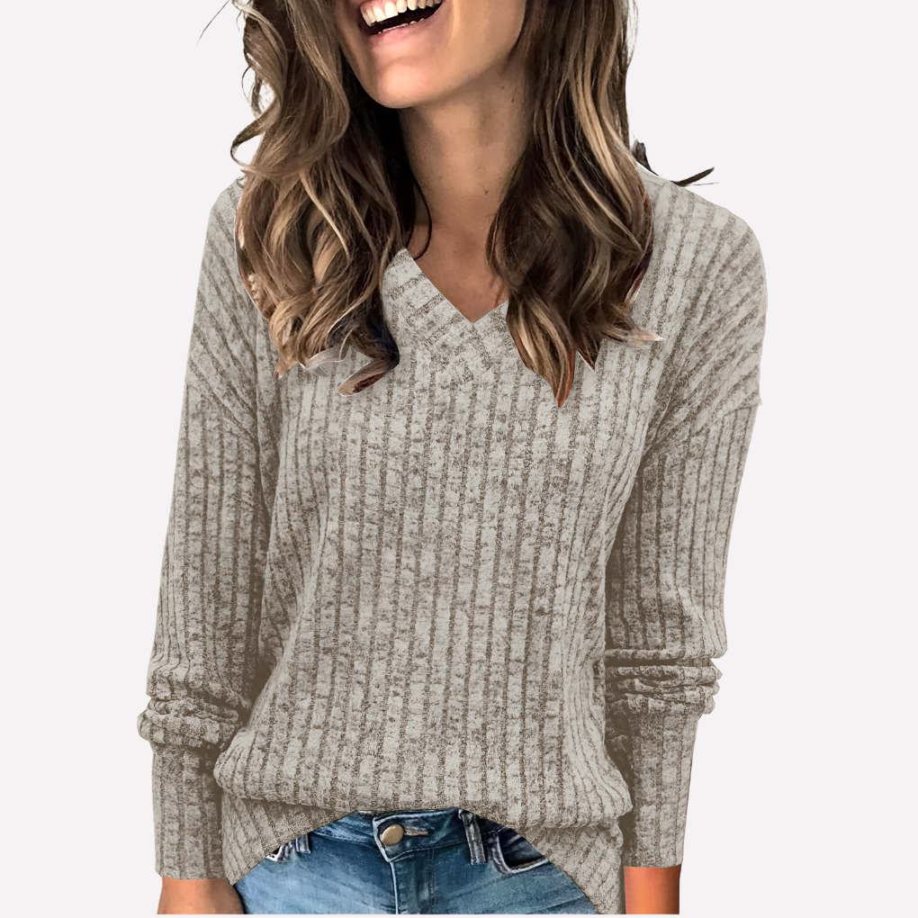 Relaxed fit women's v-neck long sleeve tunic, great for versatile casual wear and fall layering.