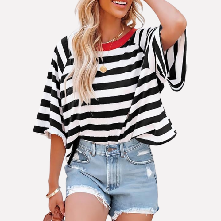 Trendy women's color block striped crewneck top, short sleeve, a versatile casual summer shirt.