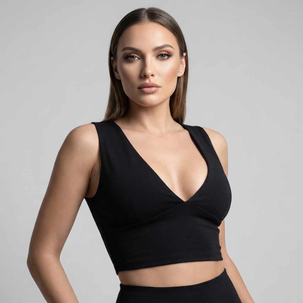 Women's stylish black cutout racerback cropped top, perfect for summer casual wear and warm weather fashion.