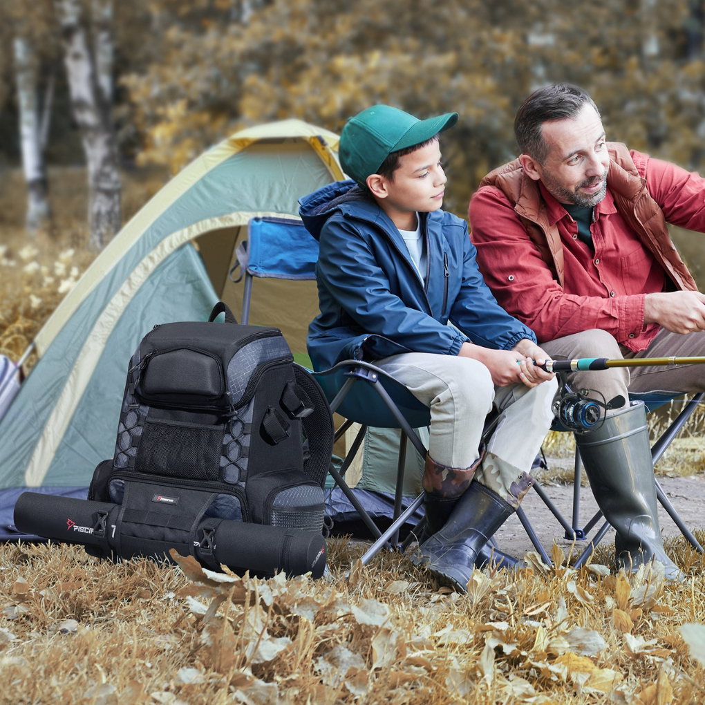 Durable black fishing tackle backpack with multiple compartments for outdoor gear storage.