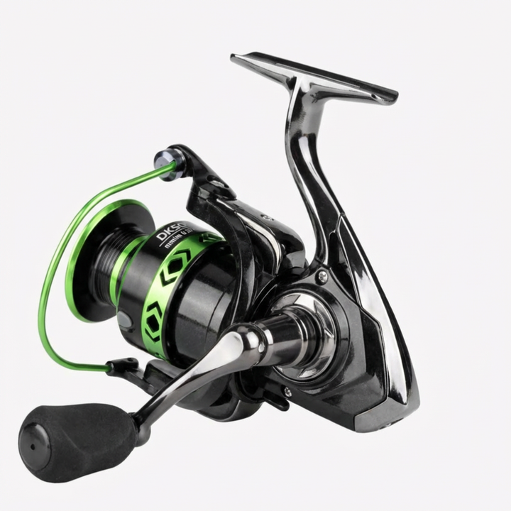 Durable green high-speed spinning fishing reel for efficient outdoor freshwater and saltwater angling.