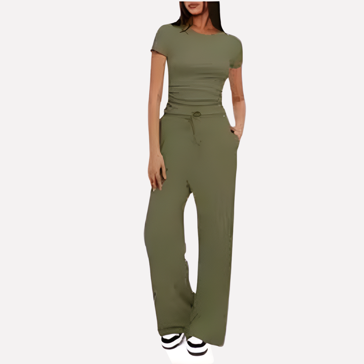 Chic women's rayon blend crop top, part of a comfy 2-piece lounge set with wide leg pants, for casual style.