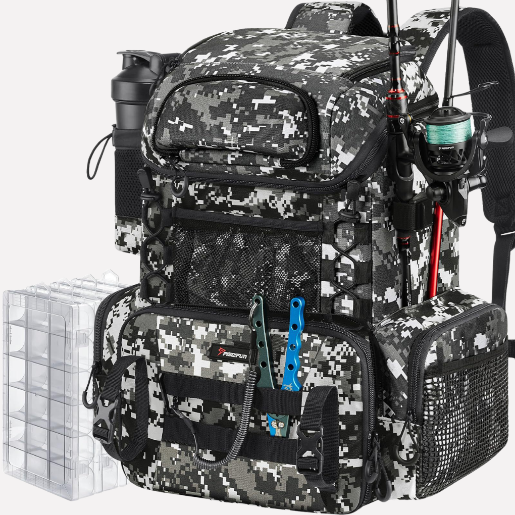 Outdoor unisex tackle backpack for fishing gear storage, travel, and camping essentials.