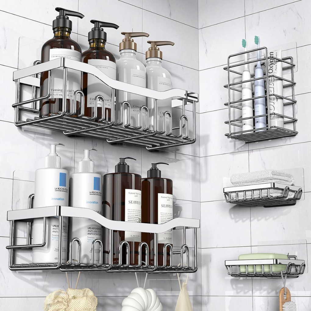 Black wall mount shower caddy organizer set. No-drill adhesive metal shelves for bathroom and kitchen storage.