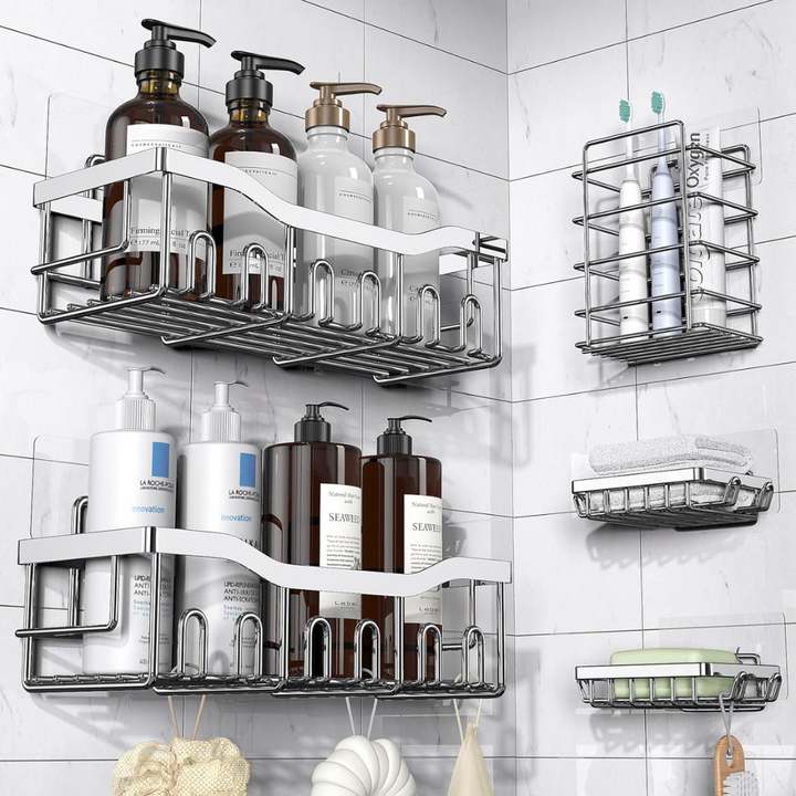 Black wall mount shower caddy organizer set. No-drill adhesive metal shelves for bathroom and kitchen storage.