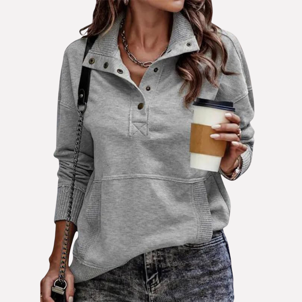 Autumn/winter women's long sleeve stand neck sweatshirt. Relaxed fit provides cozy, stylish comfort.