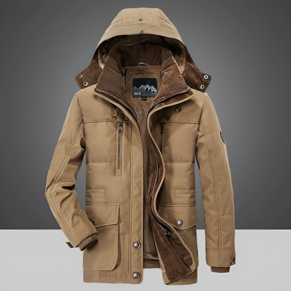 Warm men's insulated winter jacket, durable for harsh cold. Features a protective design for ultimate comfort.