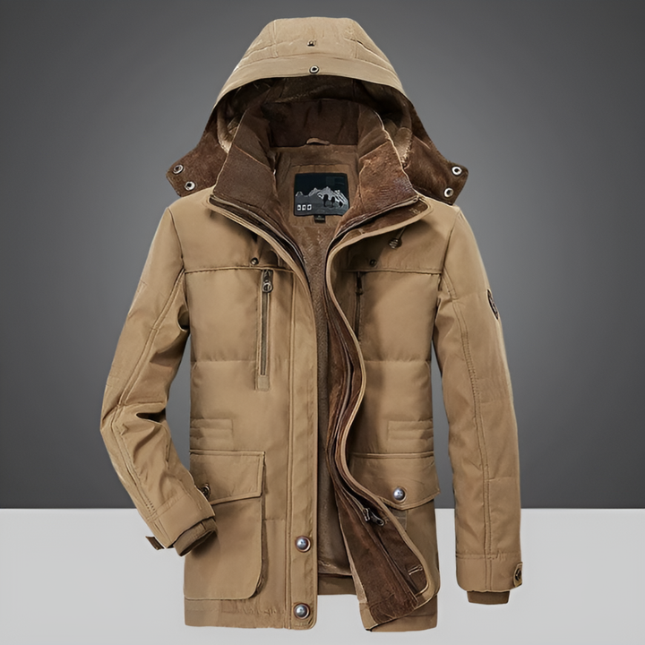 Warm men's insulated winter jacket, durable for harsh cold. Features a protective design for ultimate comfort.