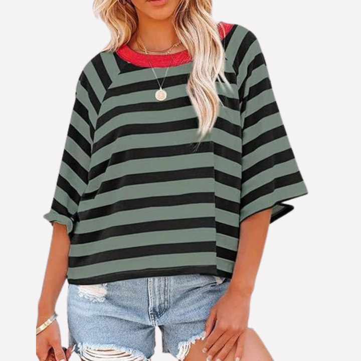 Relaxed fit women's striped color block crewneck shirt, short sleeve, a comfortable casual everyday top.